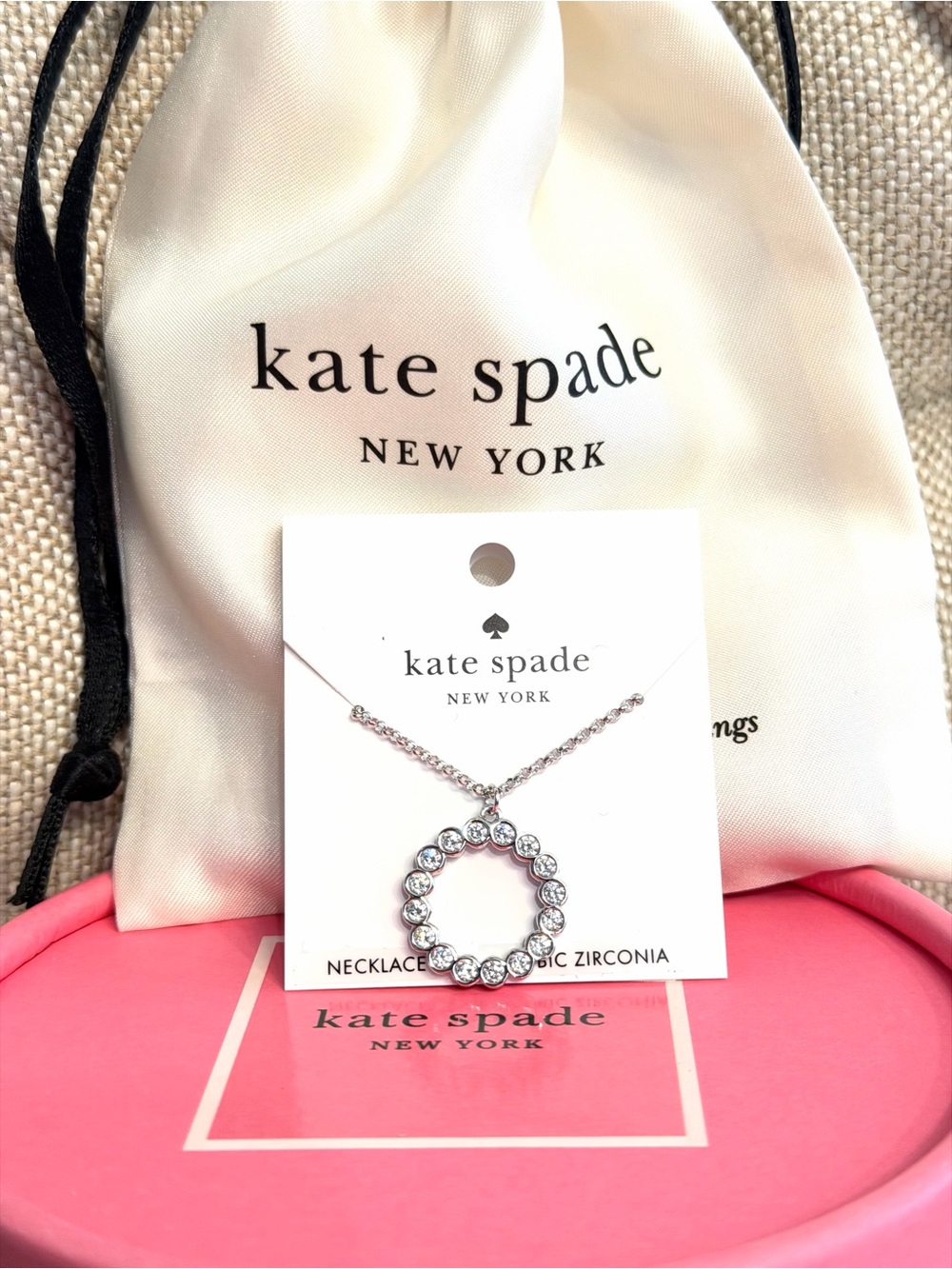 NEW Kate Spade New York Pendant Necklace Full Circle Round Silver w/ Dustbag